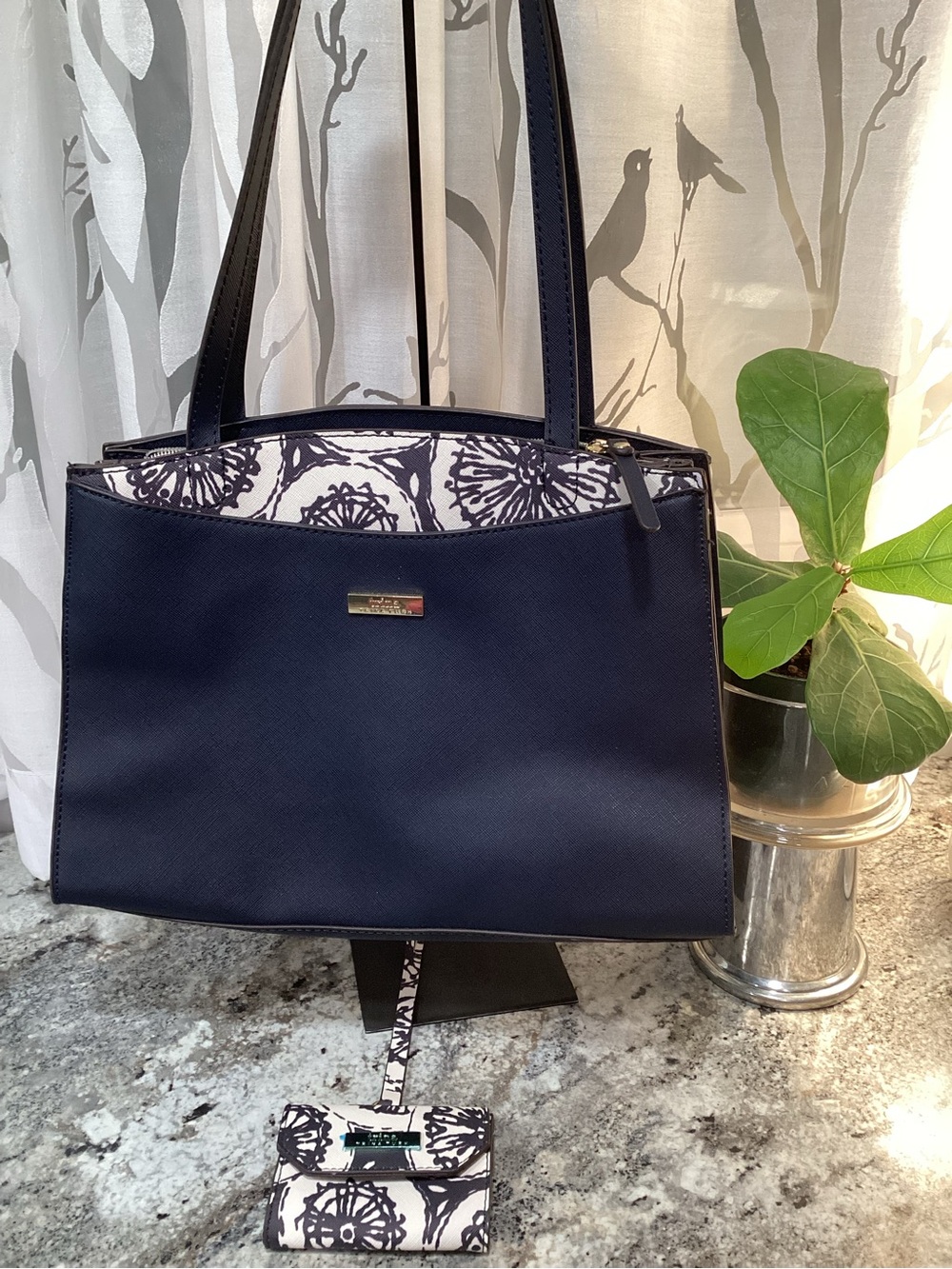 Trina Turk Navy Tote with White Floral Accent and Matching Card Case